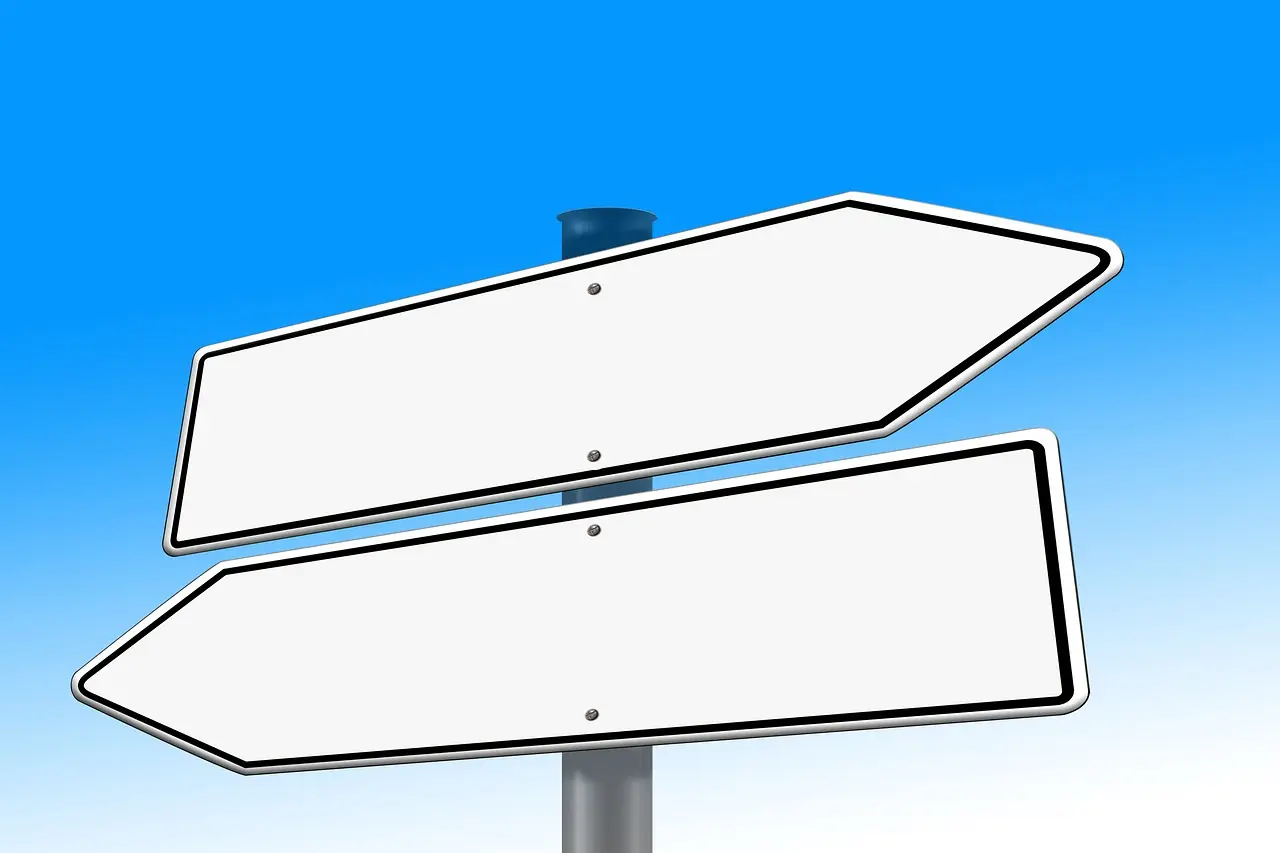 Two blank arrow signs pointing in opposite directions on a pole
